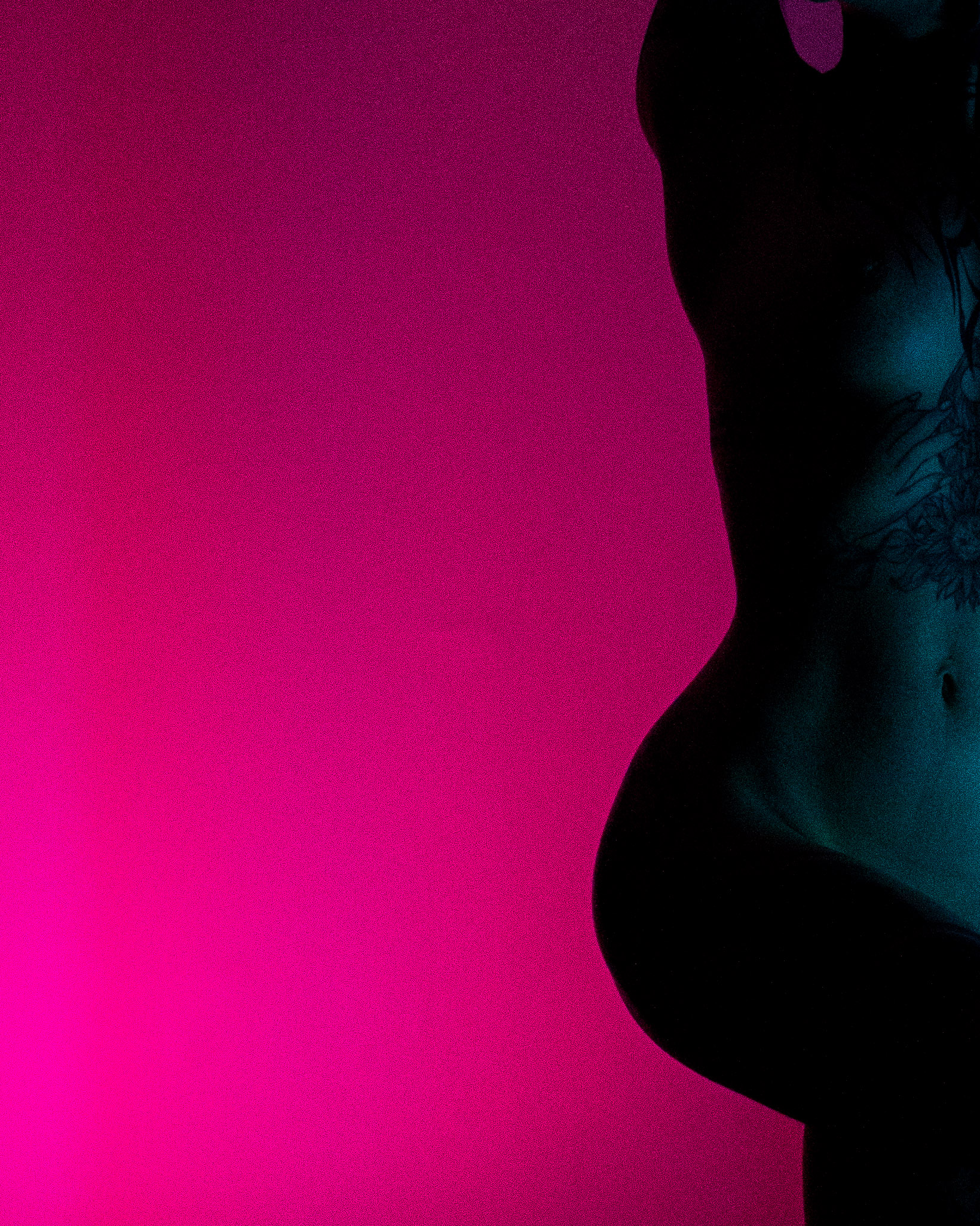 Muse reference photograph by Samma Charles — silhouetted nude figure under magenta light, hip tattoo visible